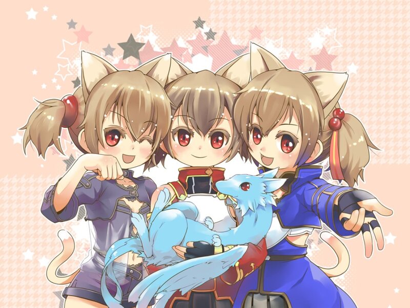 Three Cat-eared Girls with a Dragon