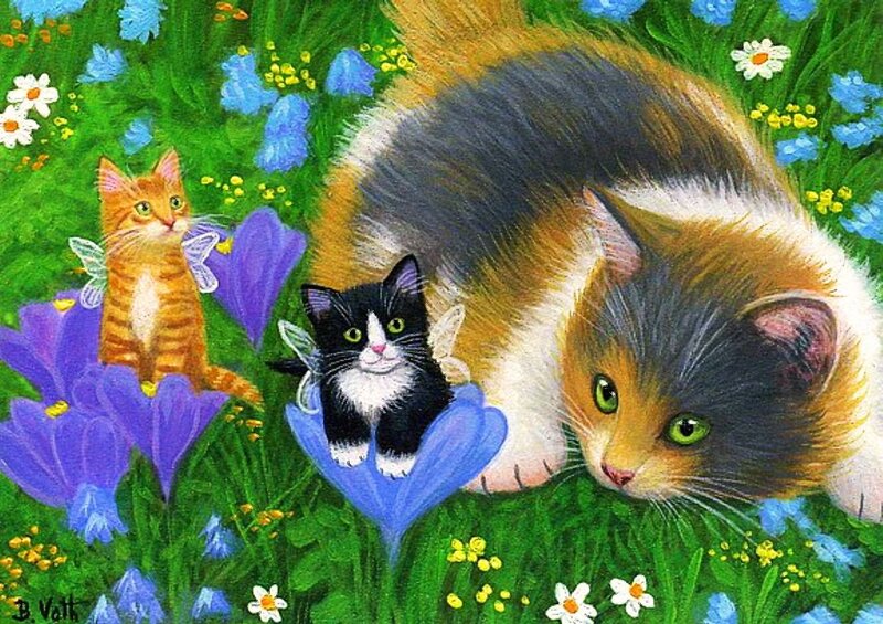 Three Cats in Flowers — Green