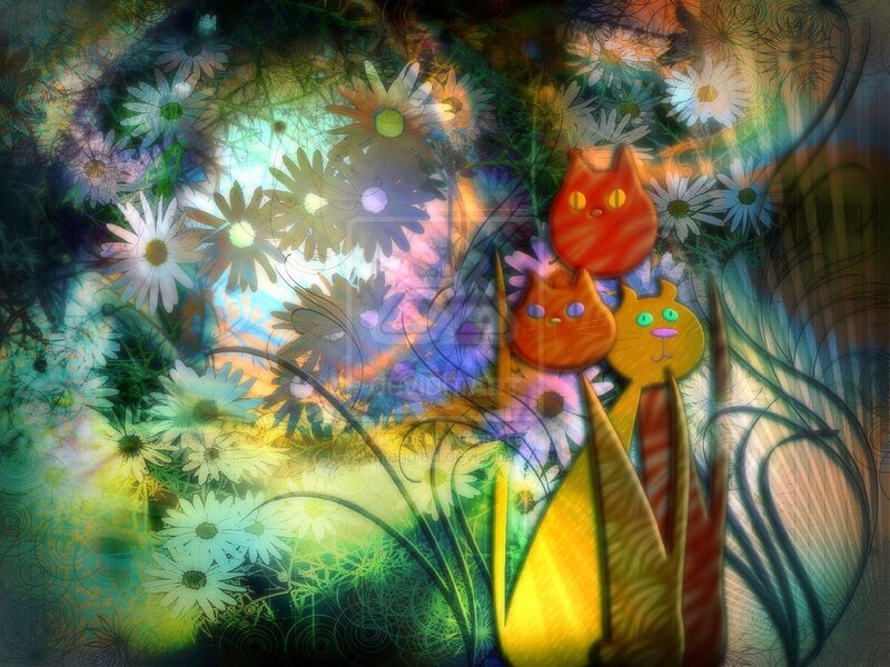 Three Cats in Flowers