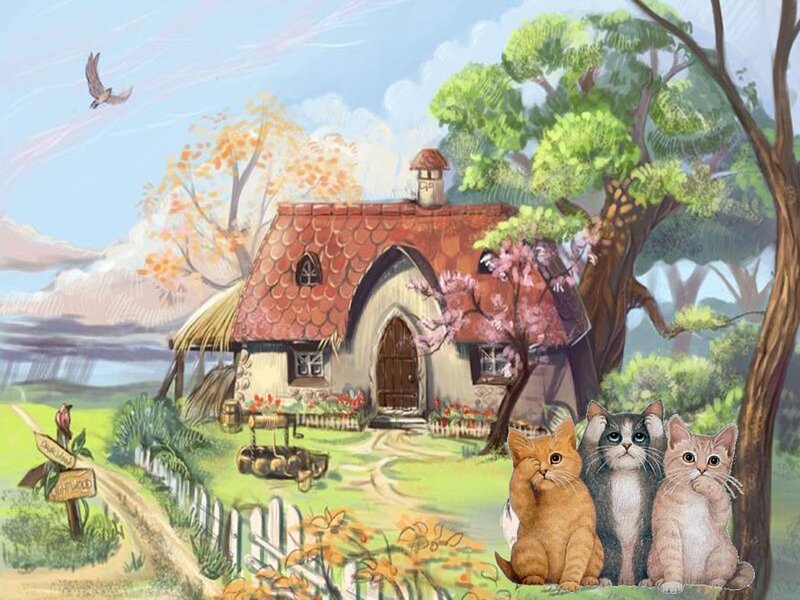 Three Cats in Garden — Green, Serene, Spring