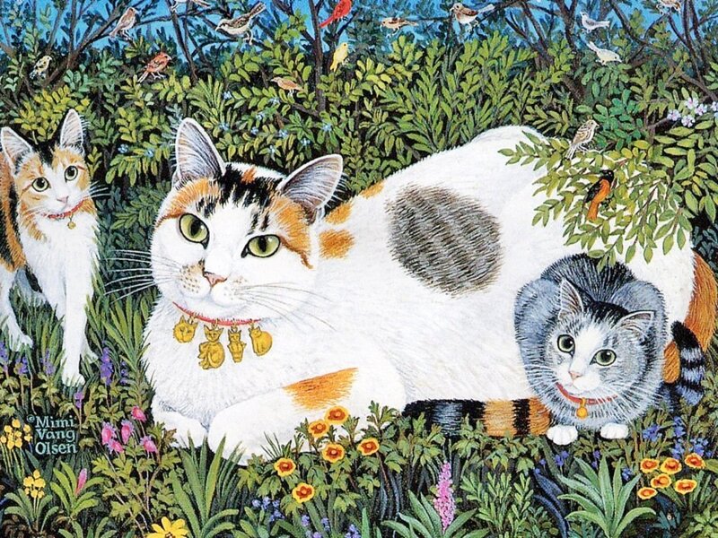 Three Cats in Garden — Green, Serene