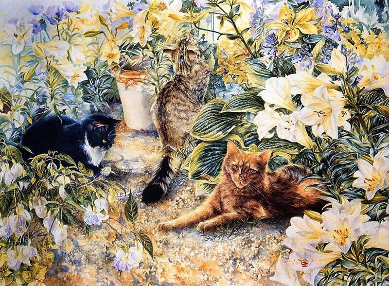 Three Cats in Garden — Yellow