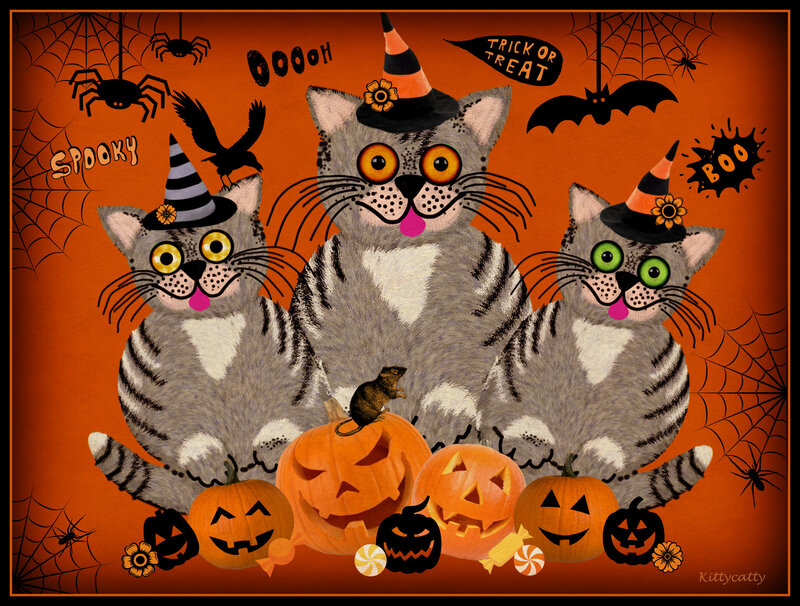 Three Cats in Halloween Hats