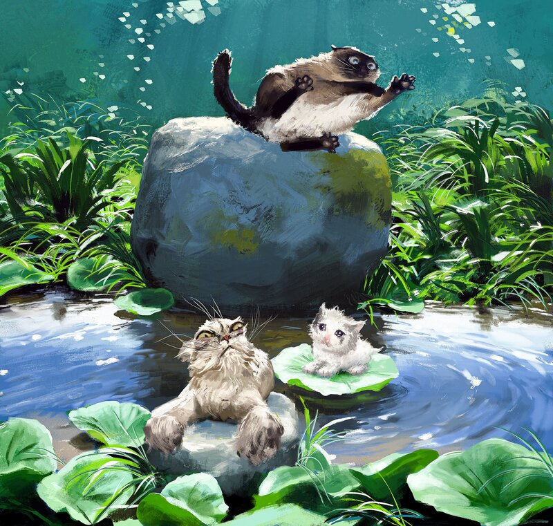 Three Cats in Pond