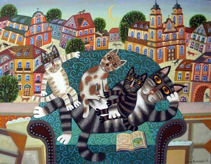 Three Cats on a Couch — Blue