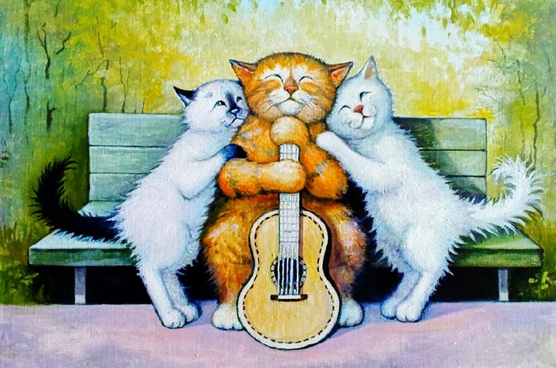 Three Cats on Bench