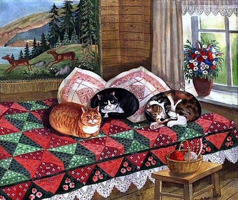 Three Cats on Quilt