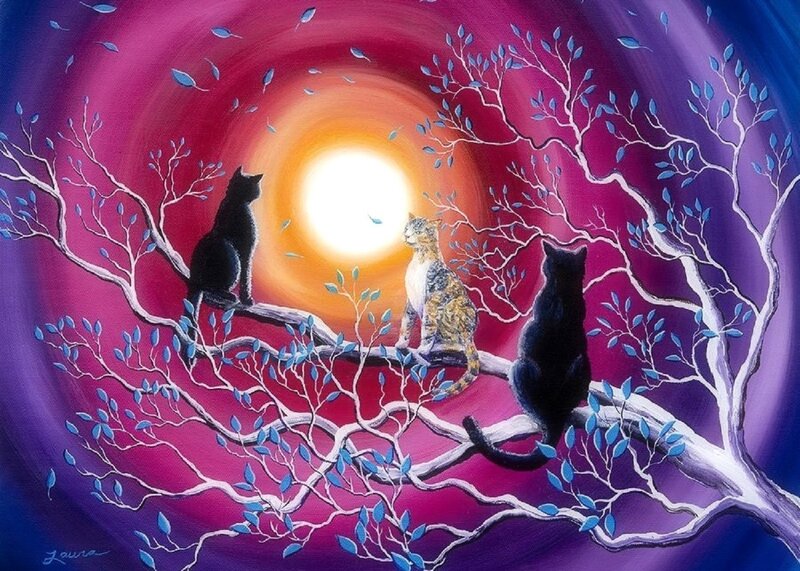 Three Cats on Tree Branch