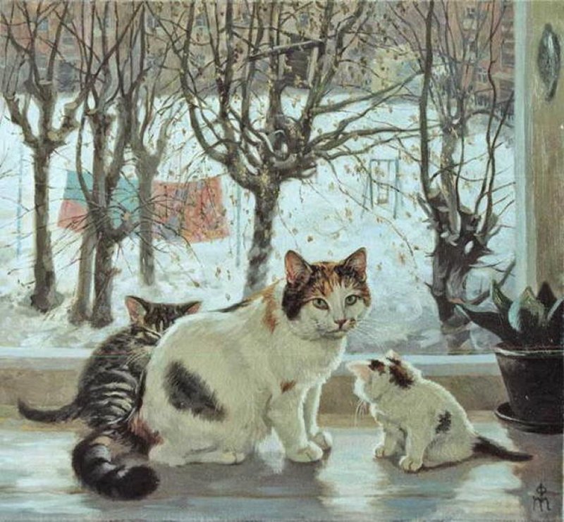 Three Cats on Windowsill — White