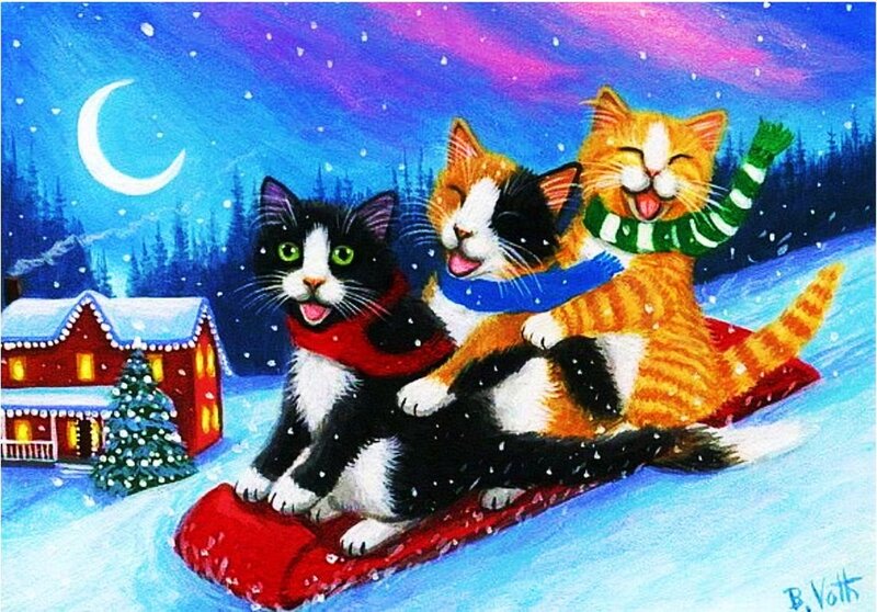 Three Cats Sledding