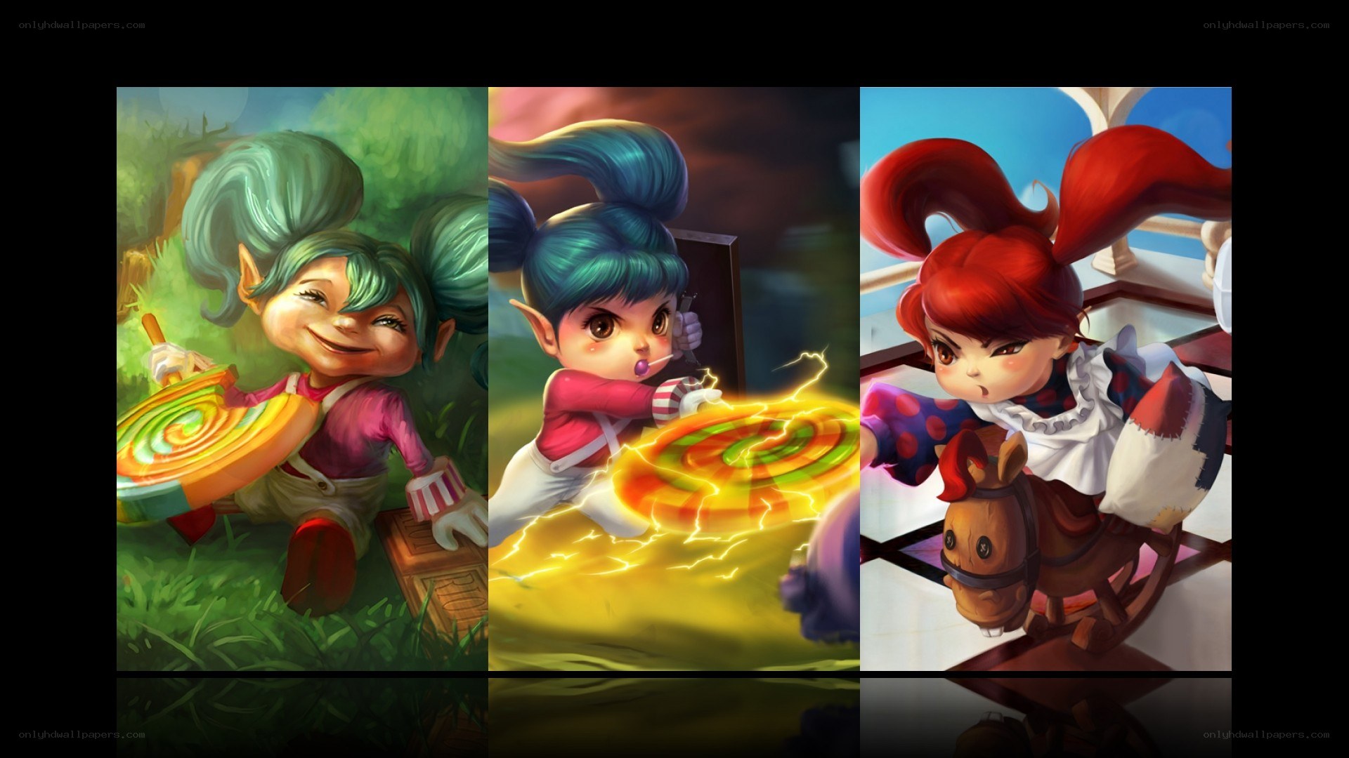 Three character art panels