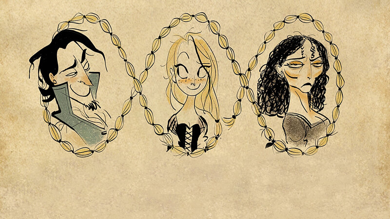 Three character portraits in wreaths