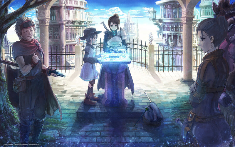 Three Characters Around a Glowing Table