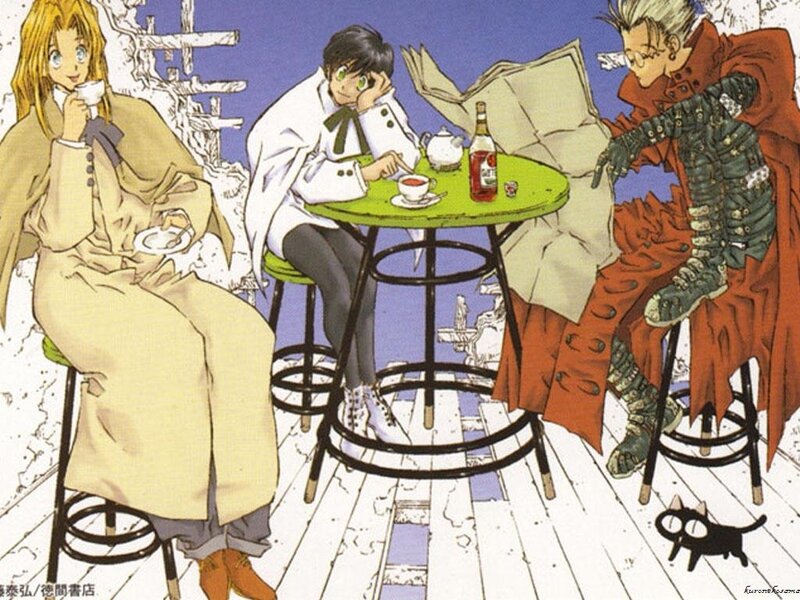 Three characters at a cafe table