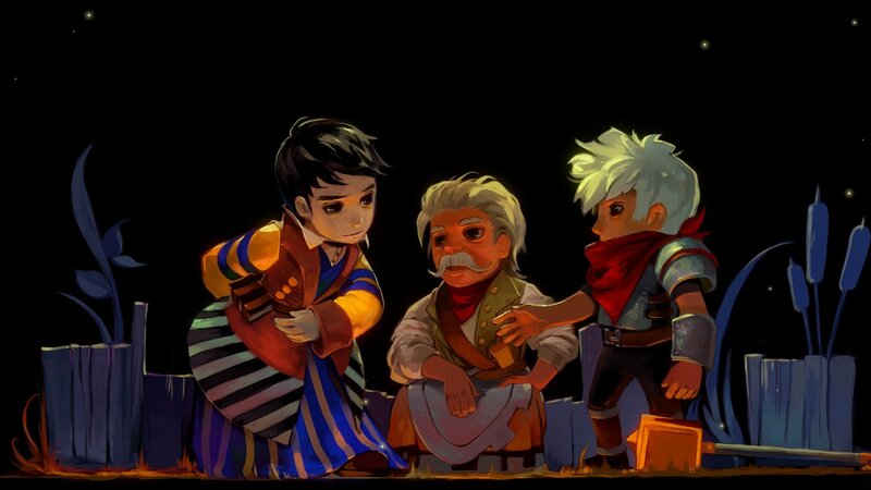 Three characters at a campfire