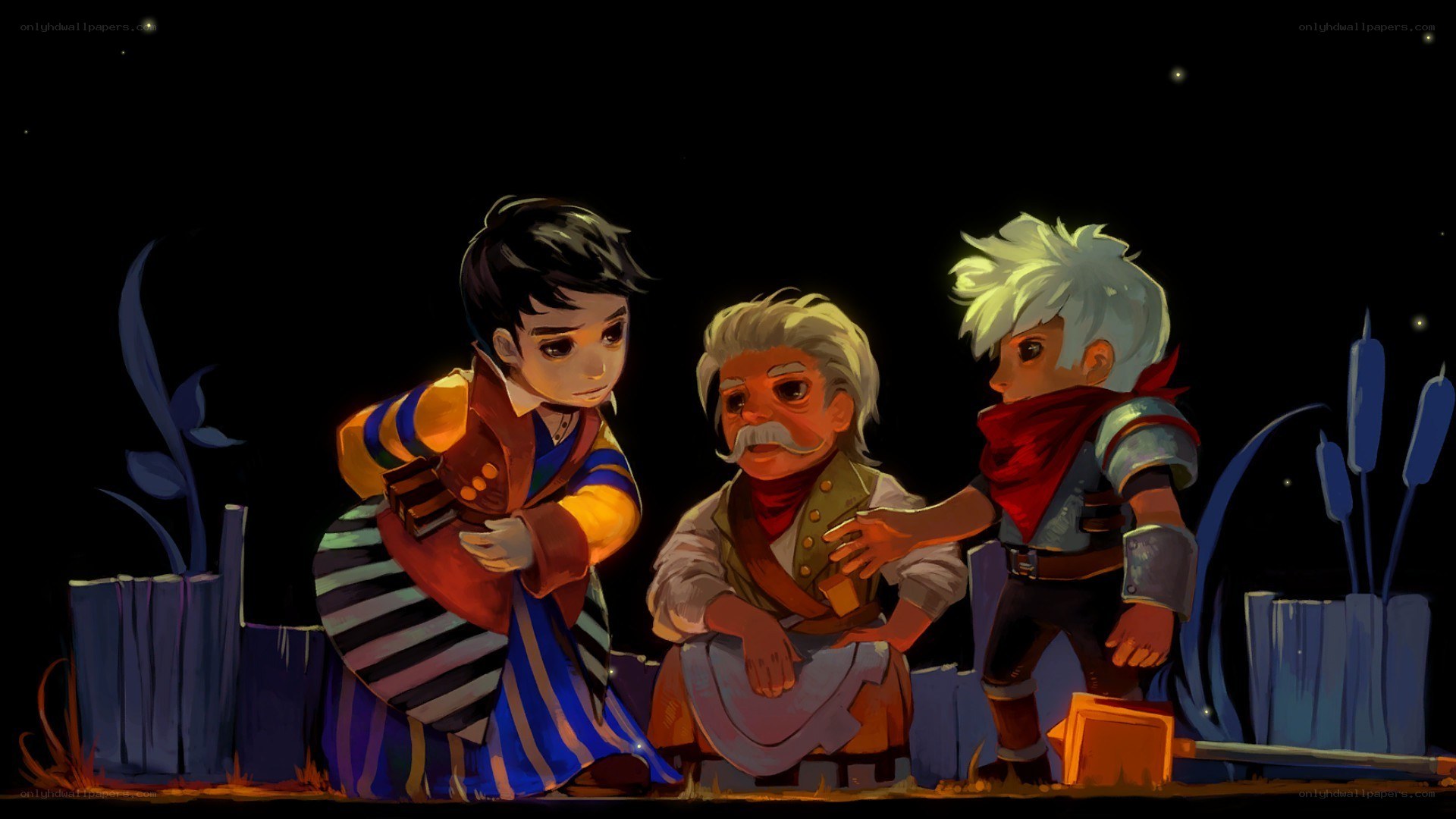 Three characters at a campfire