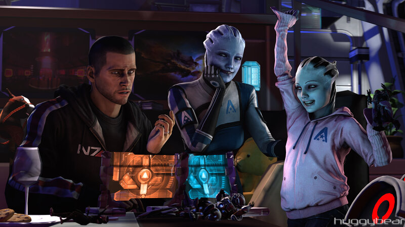 Three Characters at a Table — Blue, Casual