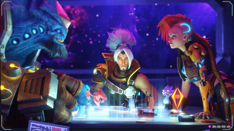Three Characters at a Table — Purple