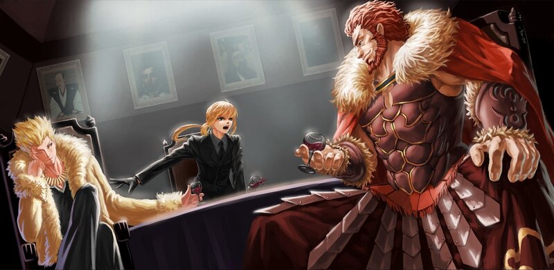 Three Characters at a Table — Red, Dramatic