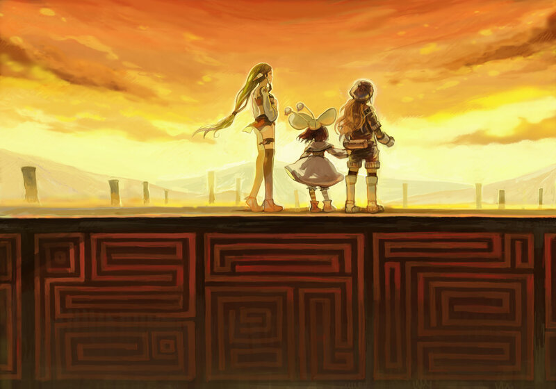 Three characters at sunset