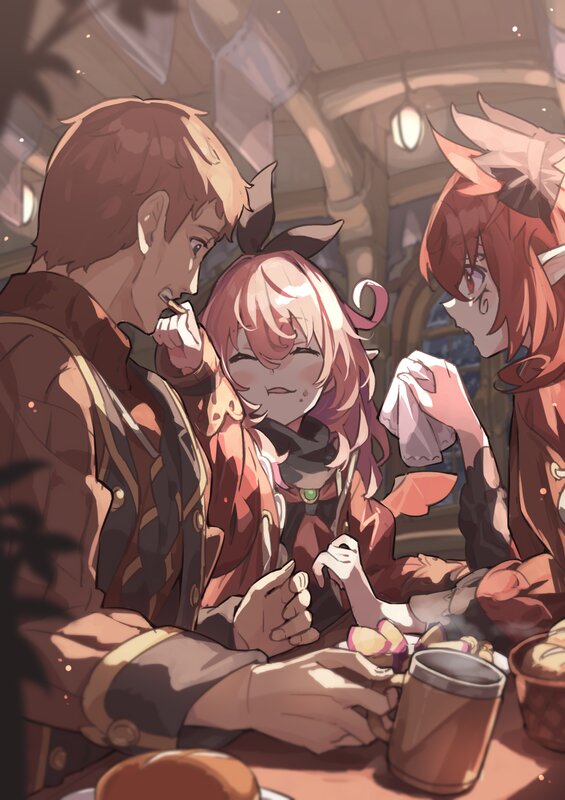 Three Characters at Table — Brown, Cozy
