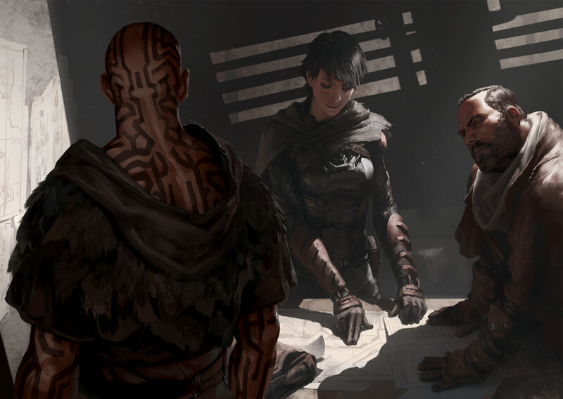 Three Characters at Table — Brown