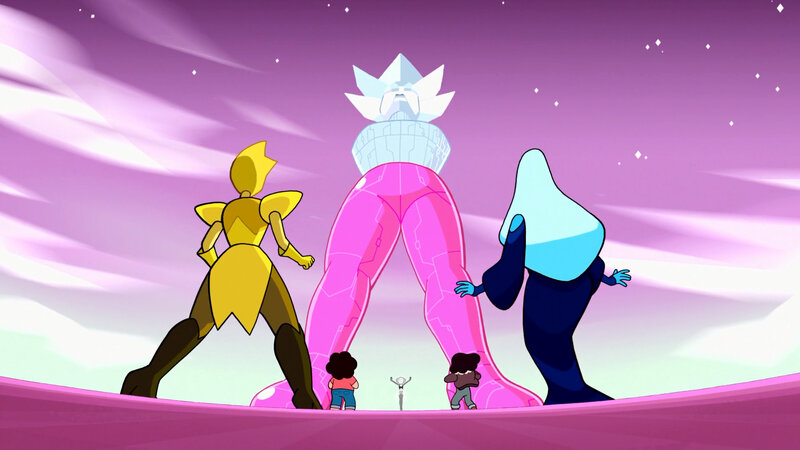 Three Characters Facing Giant Figure