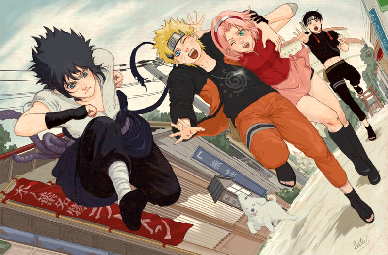 Three Characters Falling — Orange