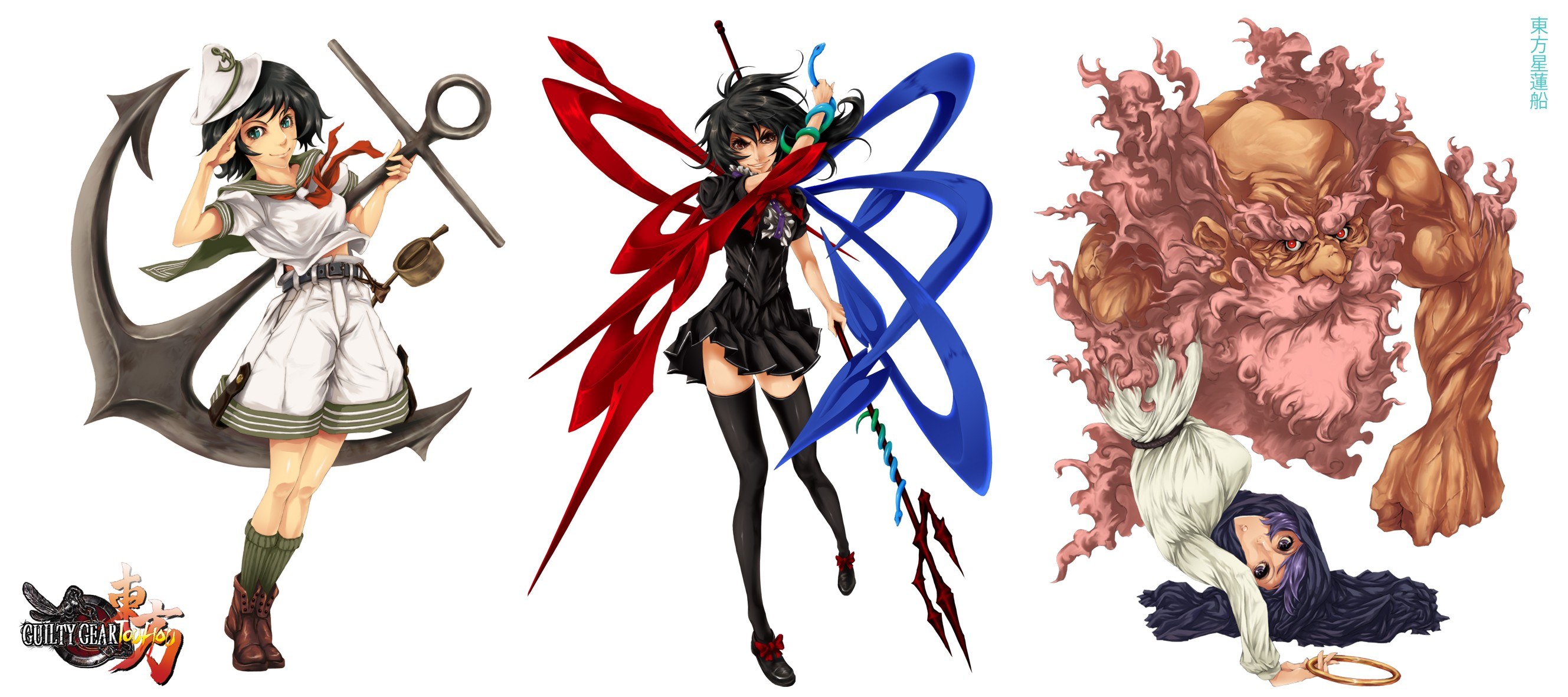 Three characters from Guilty Gear and Touhou