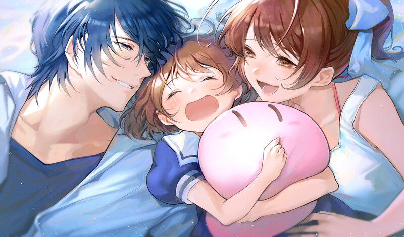 Three Characters Hugging — Blue