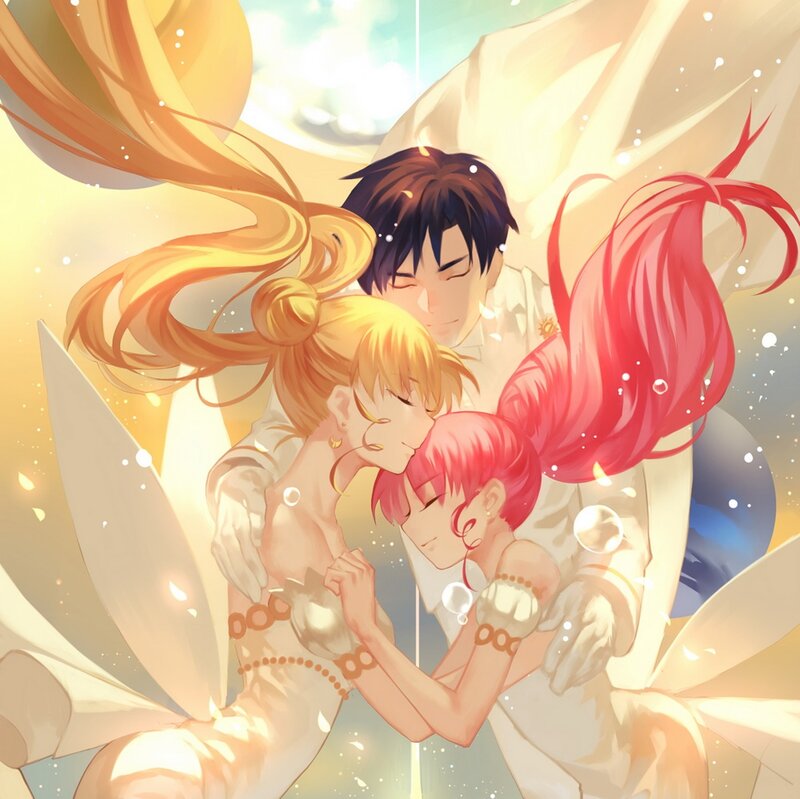 Three Characters Hugging — Yellow, Serene