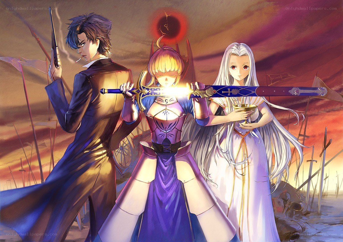 Three characters in a battle scene