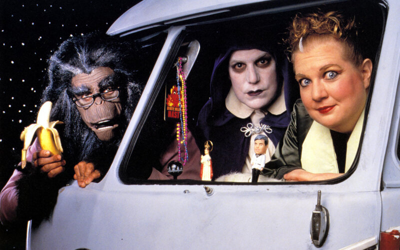 Three characters in a car