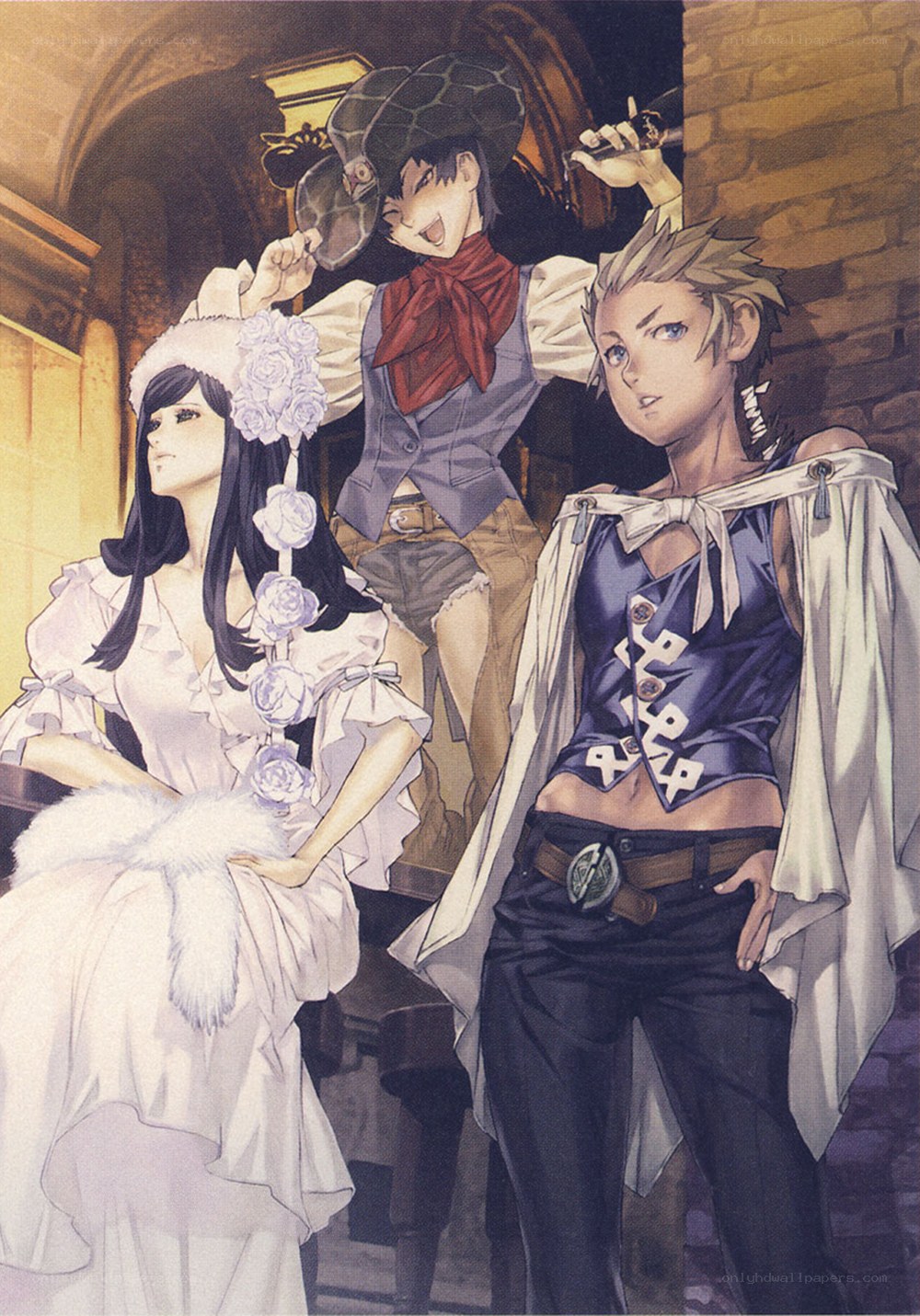 Three characters in a castle hall