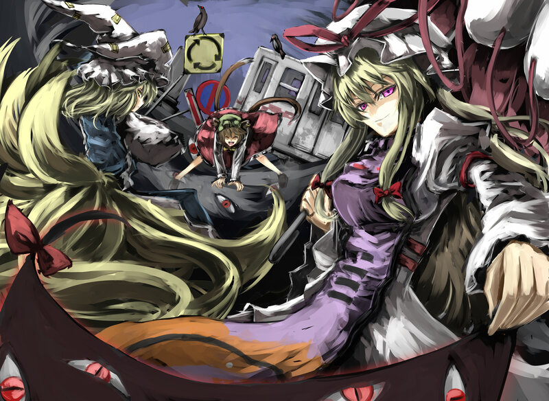 Three characters in a chaotic scene