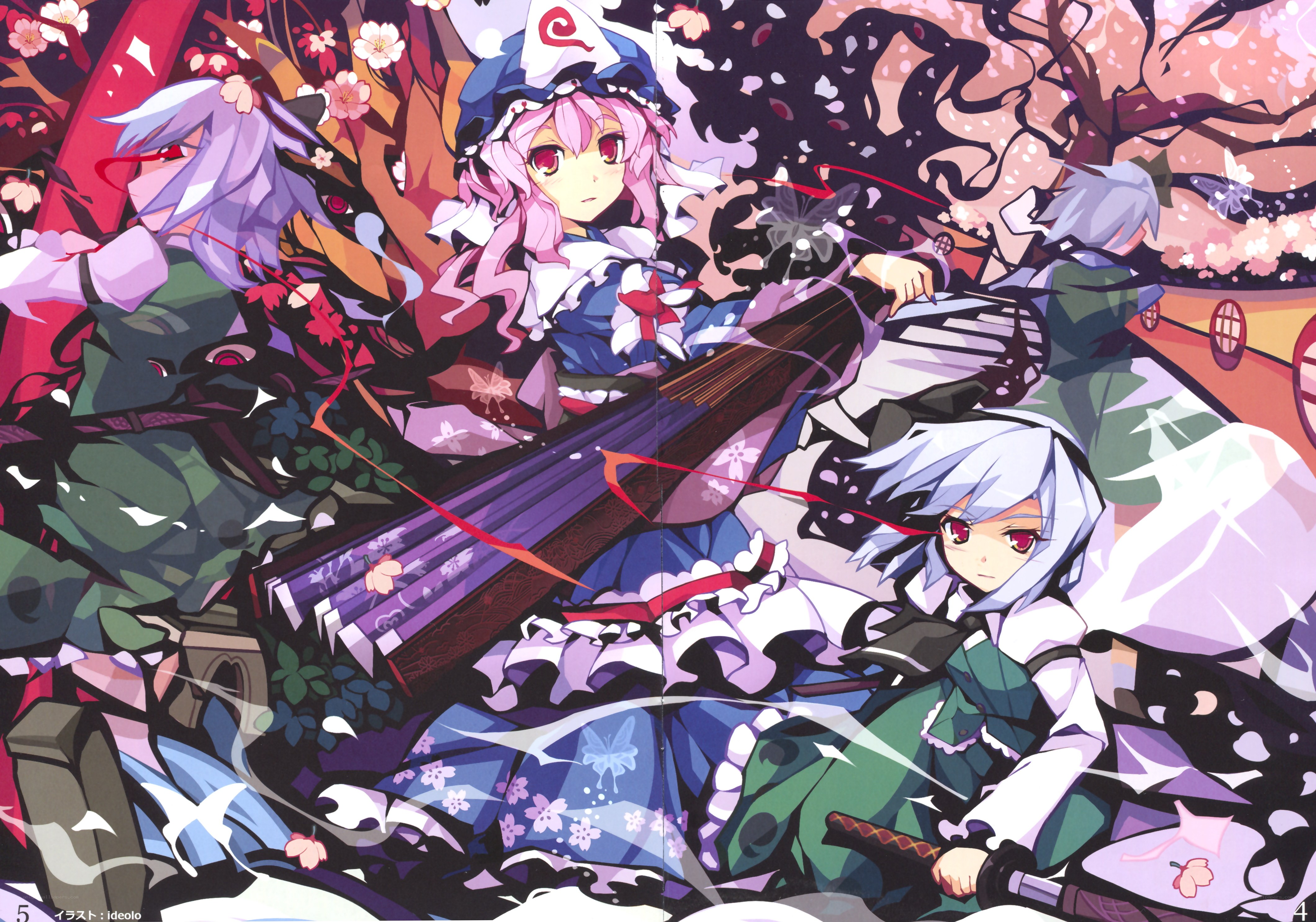 Three characters in a cherry blossom scene