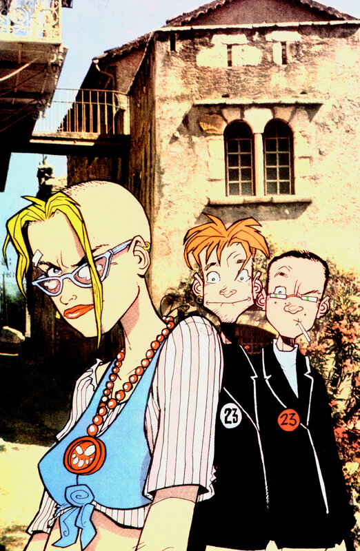 Three characters in a comic panel