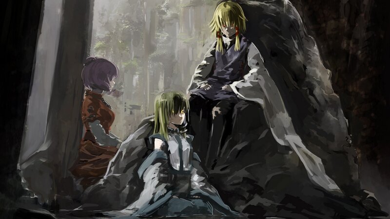 three characters in a dark forest
