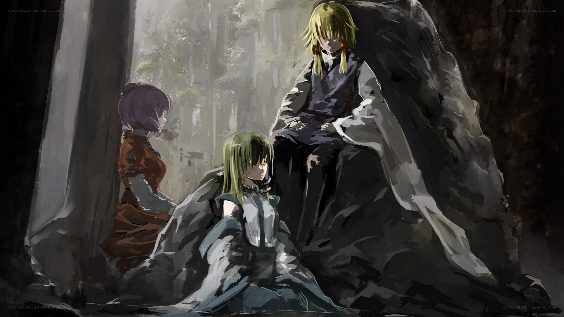 three characters in a dark forest