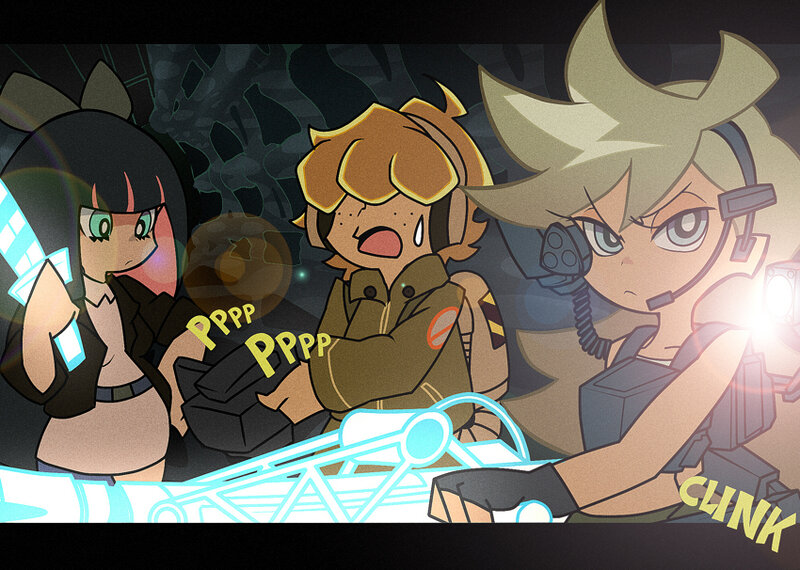Three characters in a dark setting