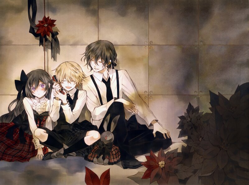 three characters in a dim room
