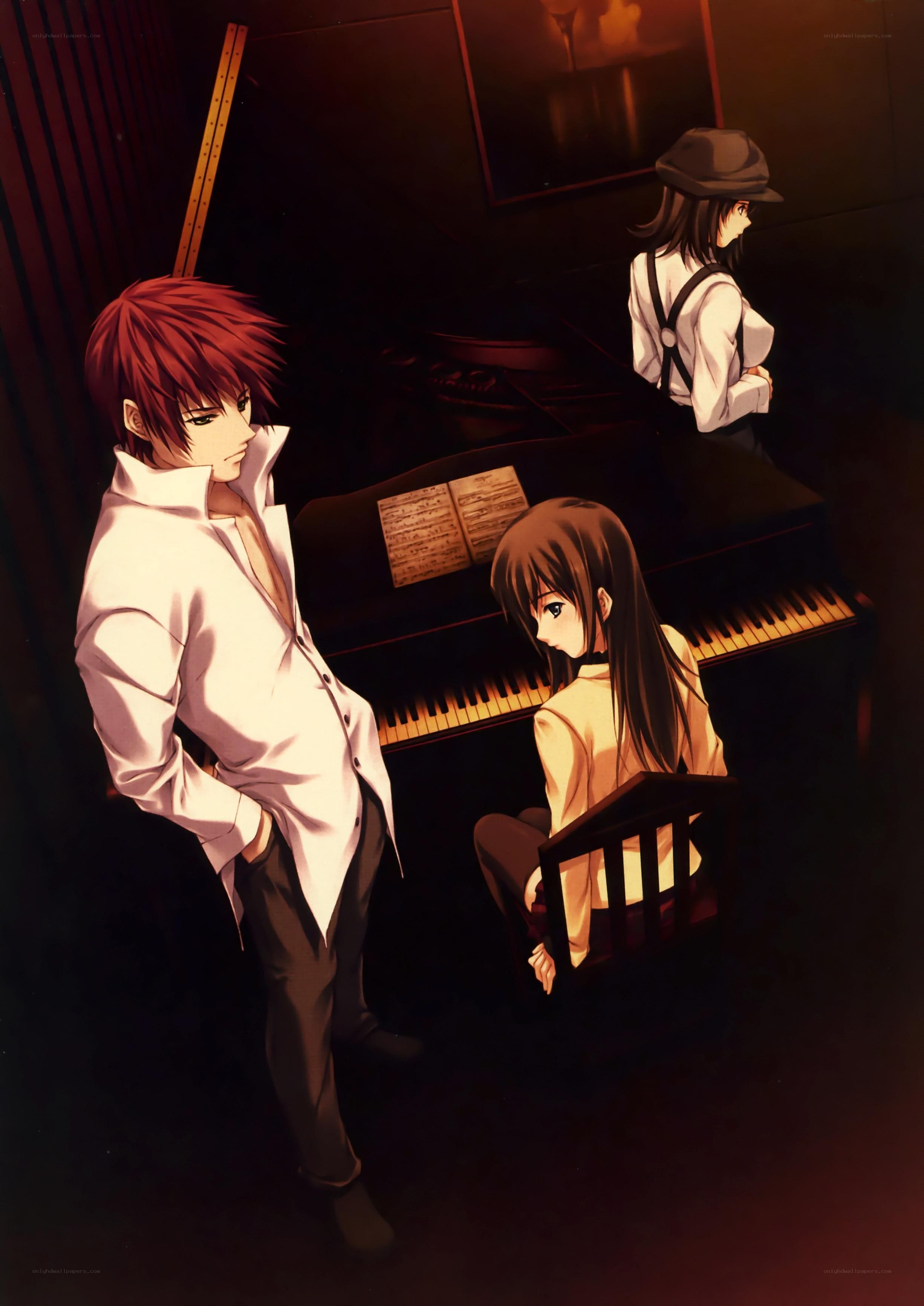 Three characters in a dimly lit room