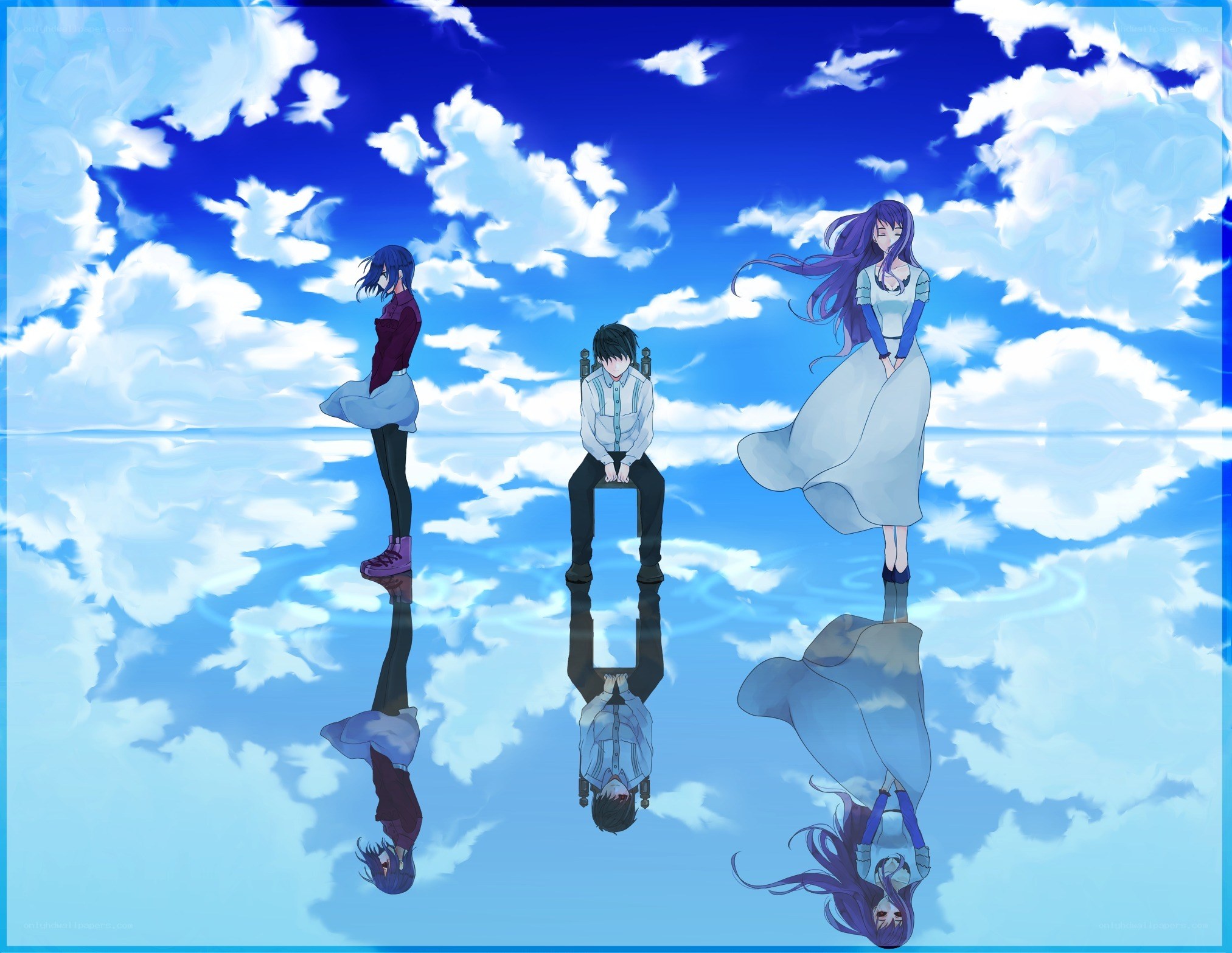 Three characters in a dreamlike sky