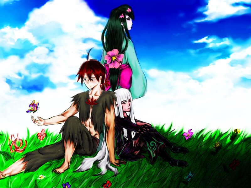 Three characters in a field