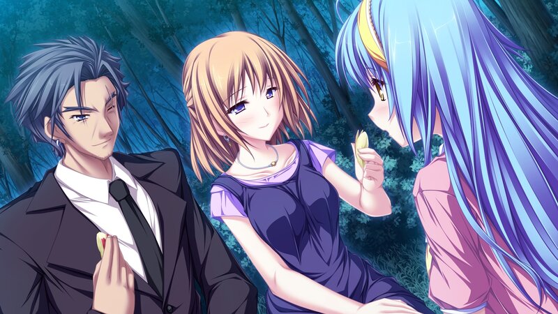 Three characters in a forest
