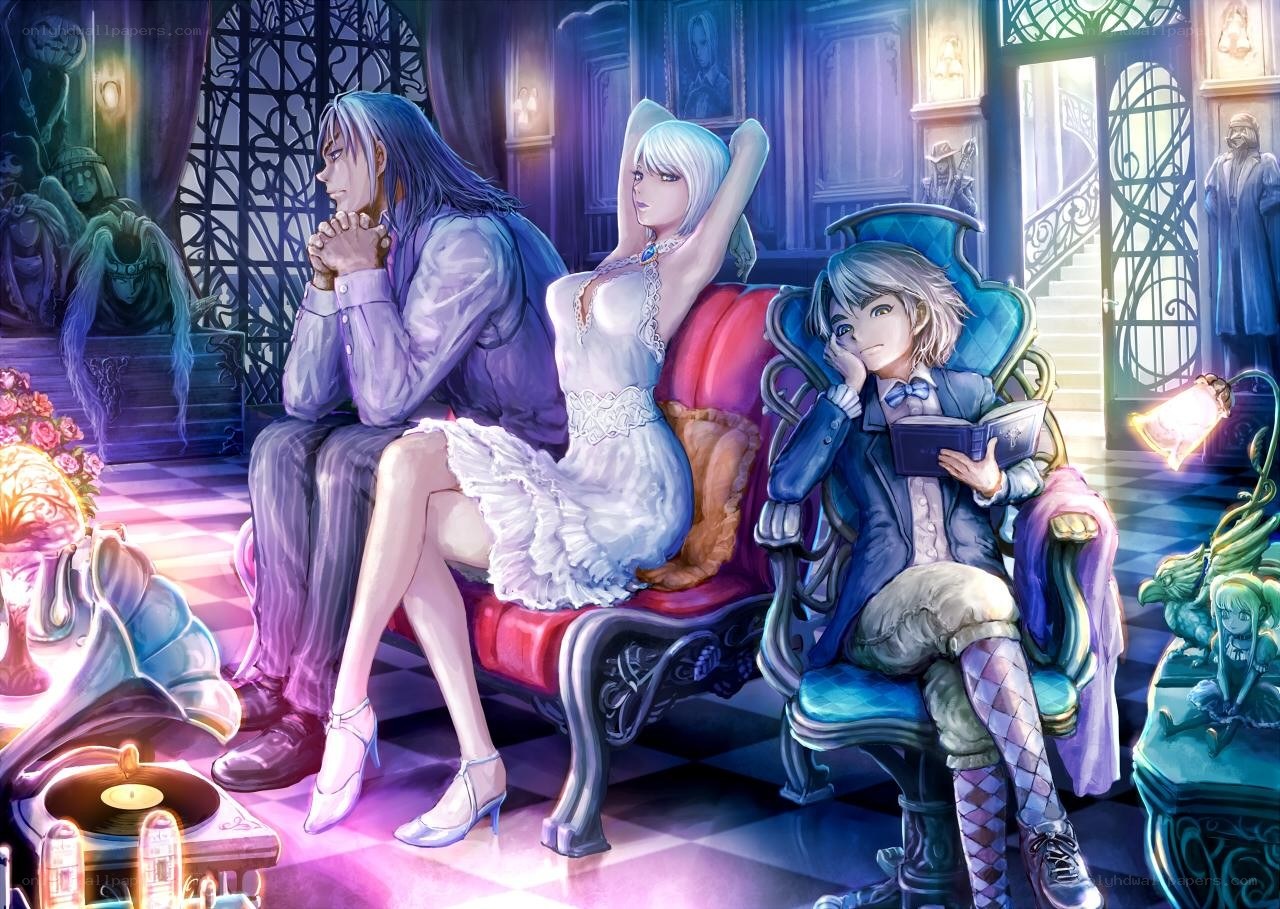 Three characters in a grand hall
