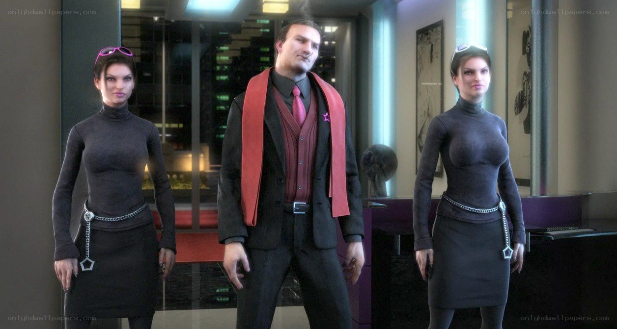 three characters in a modern lobby