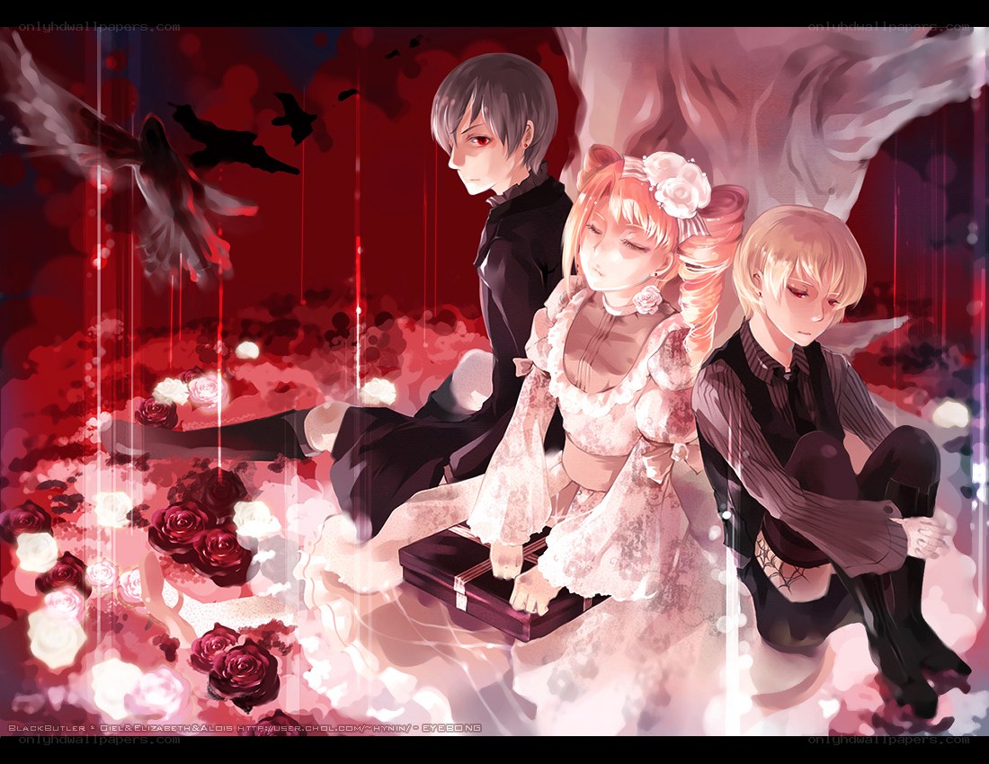 Three characters in a red rose garden