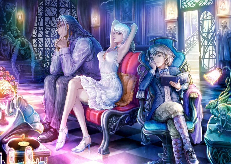 Three Characters in a Room — Purple, Dramatic, Night, Digital Art