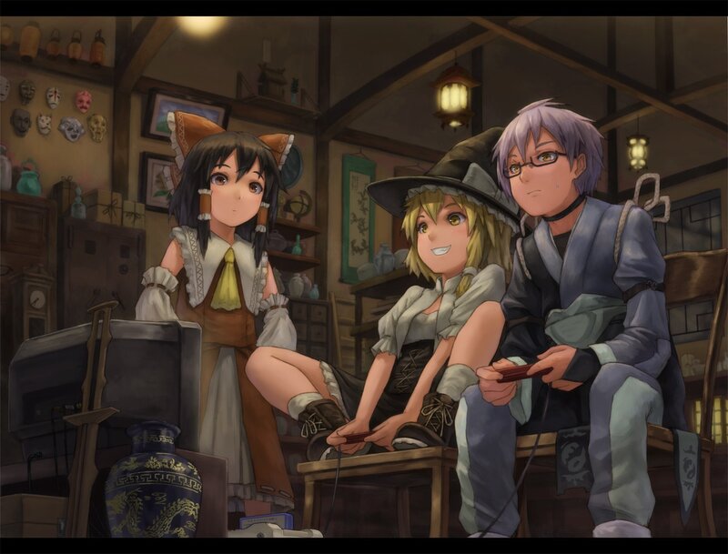 Three characters in a shop